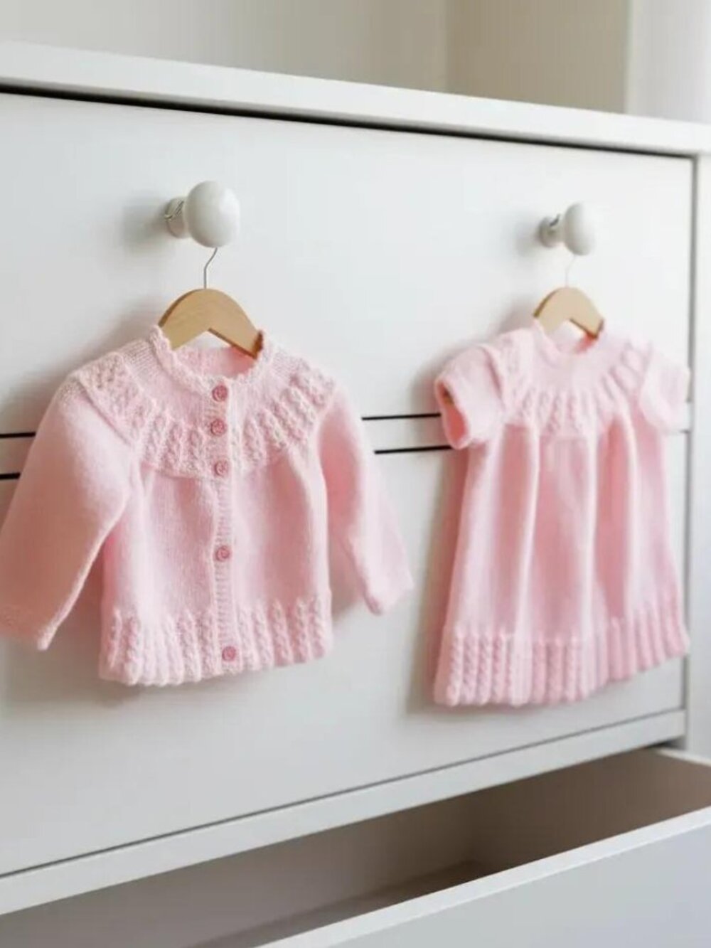 2 Piece Hand-Knit Light Pink Baby Dress and Matching Cardigan